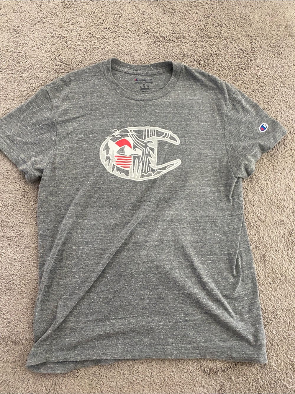 Champion Gray Heather Short-Sleeve Logo Tee with White & Red Graphic